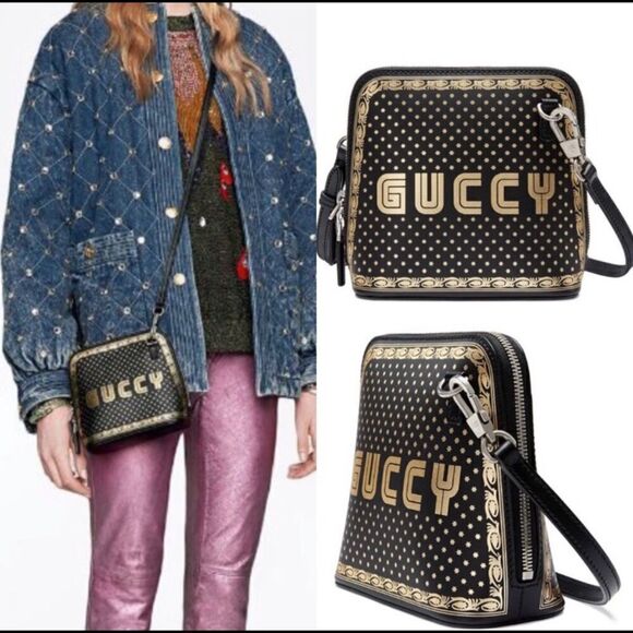 NEW Gucci Sega Dome Guccy Black Crossbody Bag Rare NWT Gold Spellout Double Zip